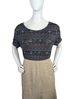 Vintage 90s Slinky Stretch Top Floral Stripe Print Black Teal Purple Gold M